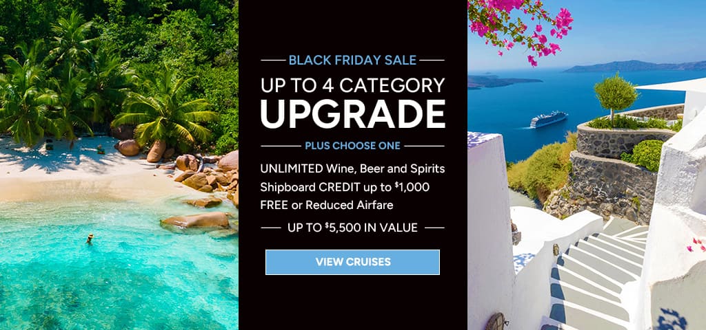 Oceania Cruises Black Friday Sale: Up to a 4 category upgrade plus prestige beverage package, free shipboard credit or free airfare