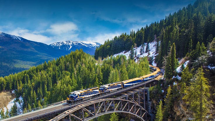 Journey on the Rocky Mountaineer through the rugged terrain of the Canadian Rockies with a pre or post cruise land program to the Great Land.